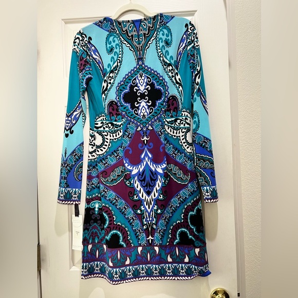 Hale Bob S Jersey Dress Faux Leather V Neck Purple Blue Turquoise NWT - Picture 13 of 16